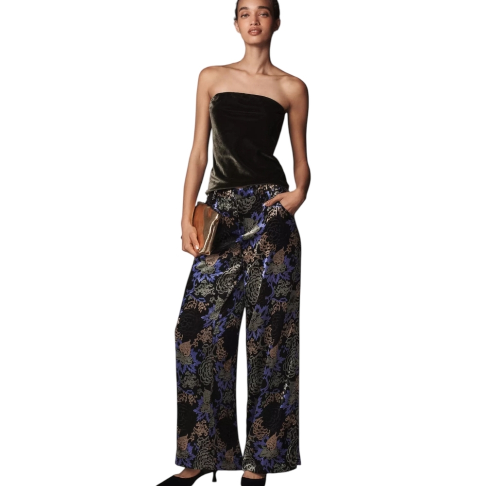 NWT By Anthropologie Low Rise Printed Pleated Pants | 10 | Black Floral Spring